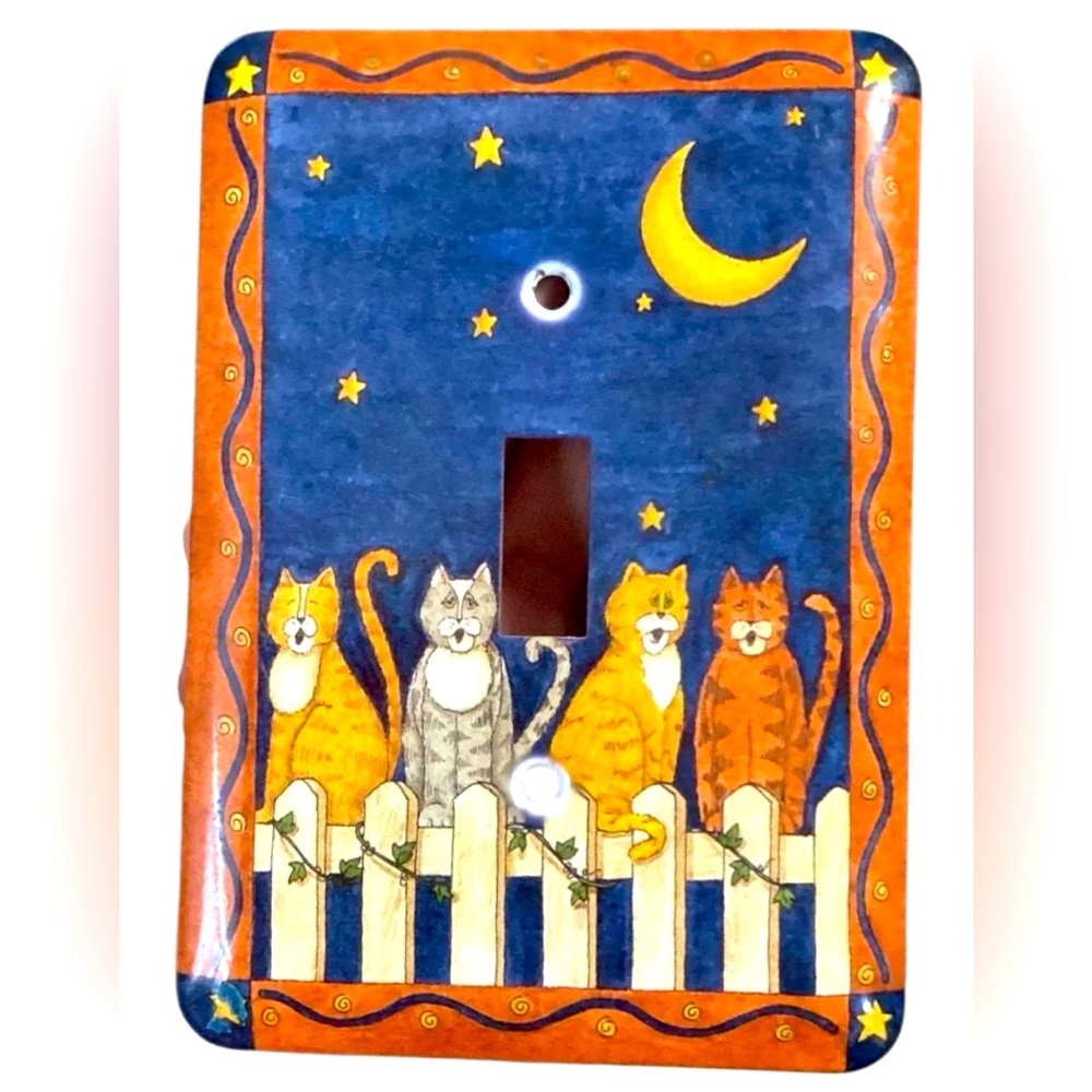 Deb Strain Metal Light Switch Plate Cover Cats on Fence Night Crescent Moon NEW
